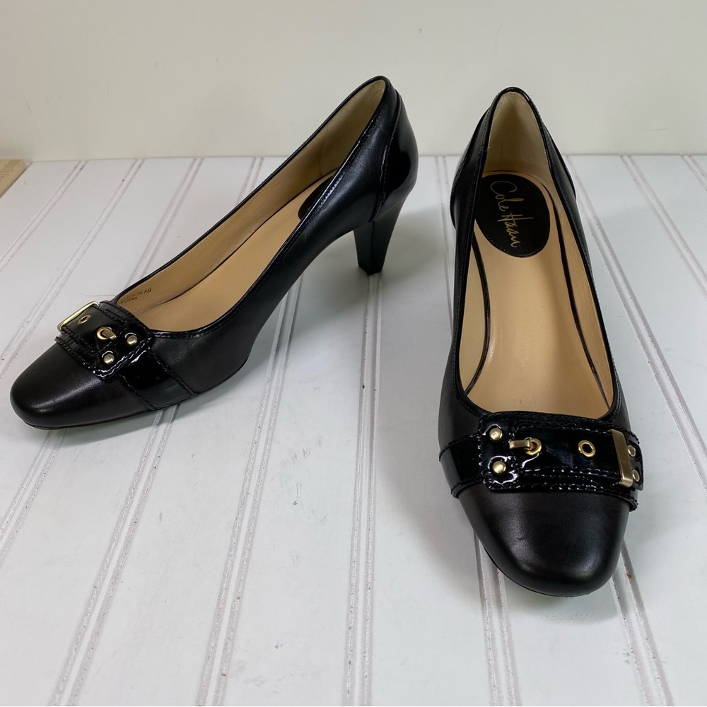 Cole Haan Liana black leather buckle pumps